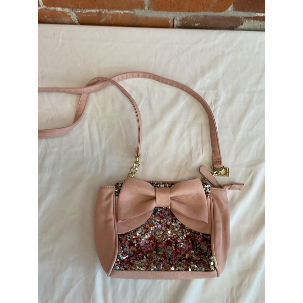 BETSEY JOHNSON BLUSH PINK SEQUIN BOW CROSSBODY BAG PURSE SUPER‎ RARE